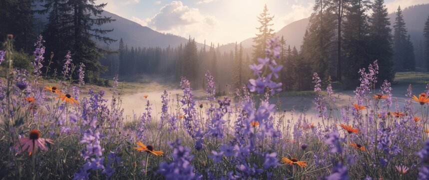 Wildly blooming summer flowers in the mountain forest with purple haze