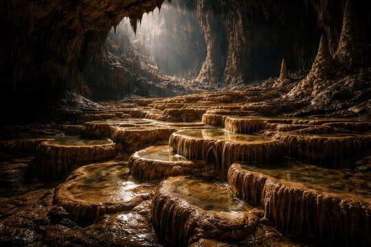 Uneven dripstone patches forming natural patterns inside a dark cave