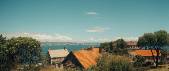 Obraz premium View of seaside communities with characteristic wooden homes and leafy trees