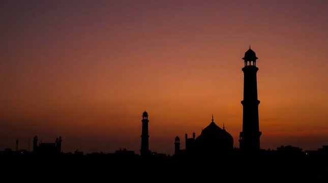 Silhouette of the Badshahi Mosque at sunset, a historical monument in Lahore, Pakistan, bathed in the warm hues of twilight