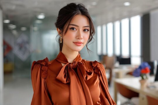 An Asian female model wearing a bow-tie blouse in a modern office setting.