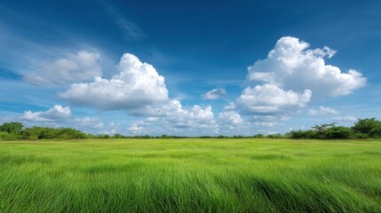 Obraz premium Lush Green Grassland Under Bright Blue Sky with Fluffy Clouds in Peaceful Natural Landscape Setting for Outdoor and Environmental Themes