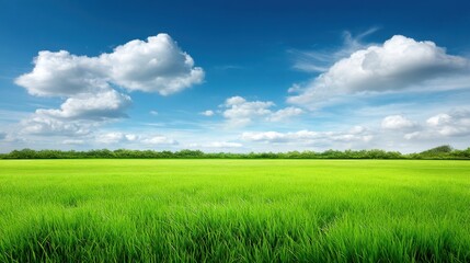 Fototapeta premium Expansive Green Grass Field Under a Bright Blue Sky with Fluffy White Clouds and Lush Trees in the Background