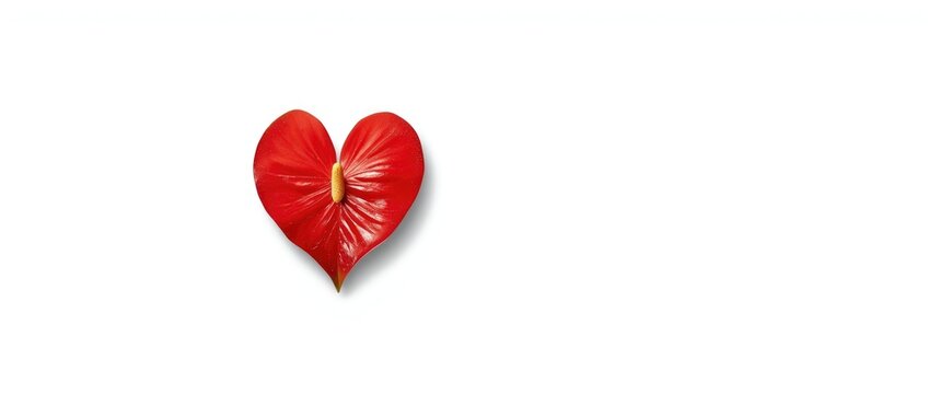 White background showcasing Anthurium with a red flower, yellow center, and heart-like shape. Anthurium andraeanum Araceae Arum symbolizing hospitality