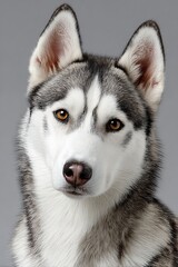 Obraz premium Stunning Siberian Husky with Captivating Eyes and Alert Expression Against a Soft Grey Background