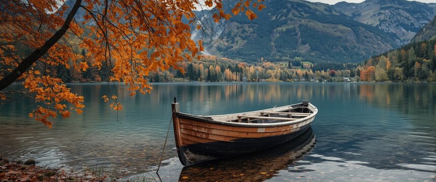 Autumn scene with paddle boat on a lake and autumn leaves
