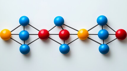 Obraz premium Connected Network: A close-up shot of a network of colorful spheres connected by lines, forming a complex web of interactions. Representing digital networks and data, connections, communication.