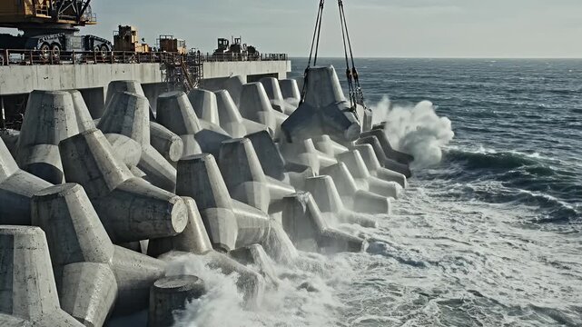 Concrete Blocks Protect Marina from Waves - A construction crane lowers a large concrete block onto a marina barrier designed to protect against ocean waves.