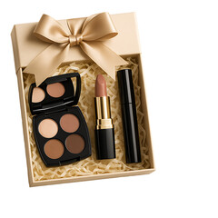 Luxury makeup gift box with cosmetics isolated on transparent background