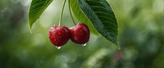 Obraz premium Juicy Cherries on Tree Branch in Closeup - Healthy Diet, Organic Fruit, Dessert, Gourmet