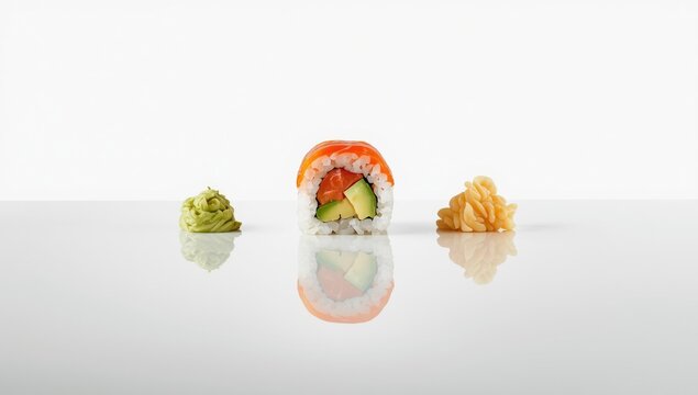 Sushi roll accompanied by vasabi placed on a reflective white surface for culinary display, International Sushi Day