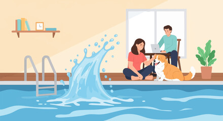 Naklejka na ściany i meble A woman pets a dog near a pool while a man works on a laptop