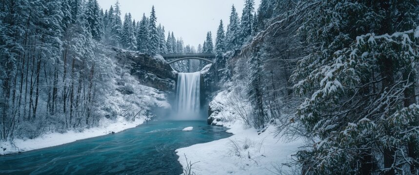 Snow-covered forest in a winter scene with tall trees beside icy blue water and a graceful waterfall beneath a natural bridge