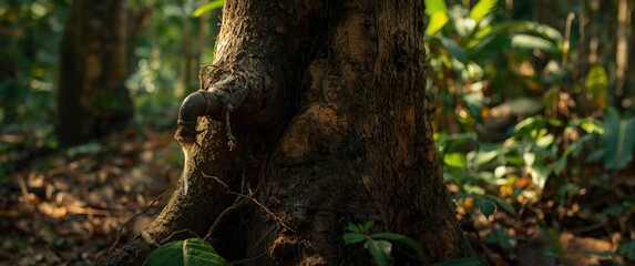 Detailed view of rubber tree latex tapping in a natural setting with wood, tree, leaf, forest, milk, green, farm, agriculture, plant