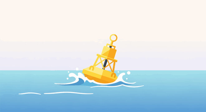 A yellow buoy bobs in blue ocean waves under a light sky