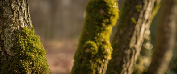 Available copy space on macro abstract background showcasing mossy tree trunks