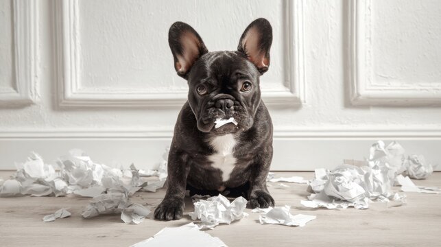 A dog is chewing and shredding the pages of a kid's homework.