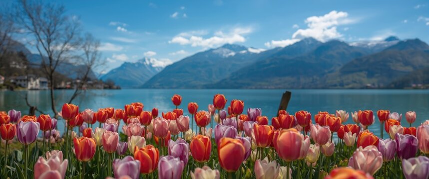 Colorful spring tulips against the Alps Mountains and Lake Geneva in Morges, Switzerland