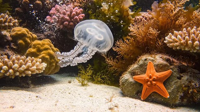 Underwater scene with jellyfish and starfish amidst colorful corals