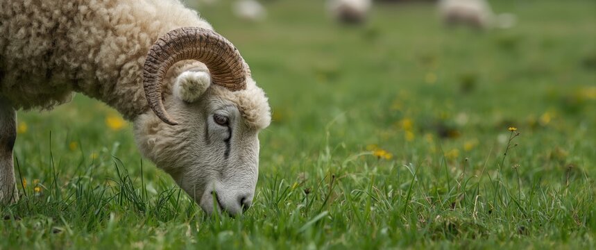 Horizontal image of a Bluefaced Leicester ram or male sheep in Summer, showing shorn fleece while grazing lush green grass, facing right