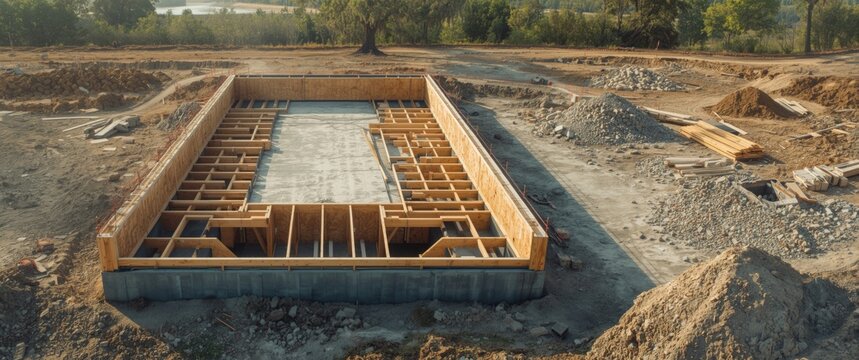 Concrete foundation in house construction completed, surrounded by wooden decking for upcoming home. Base construction and design details.