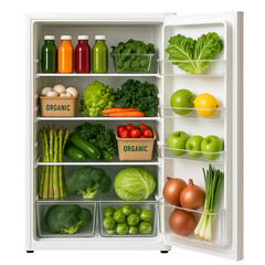 Open refrigerator filled with fresh vegetables isolated on transparent background