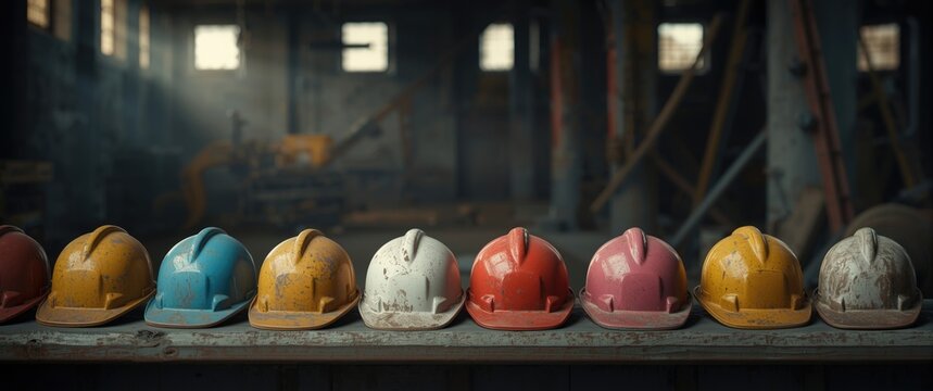 Worn-out colorful safety helmets