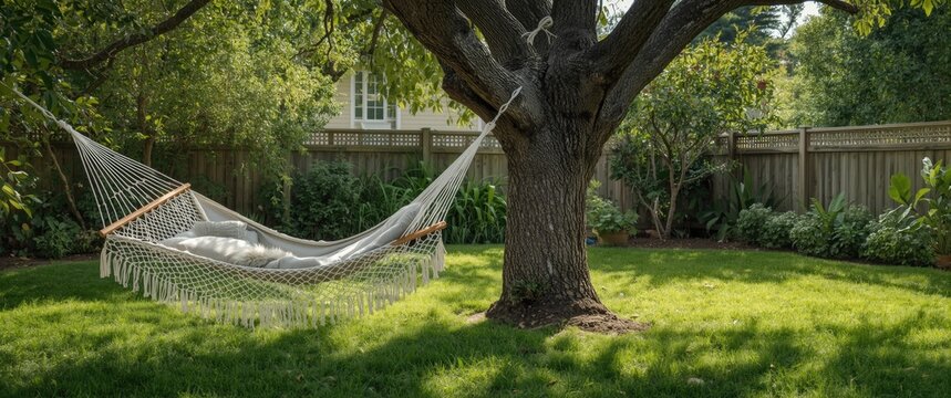 Summer garden scene with hammock hanging on tree, perfect for weekend relaxation in a cozy yard