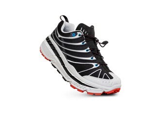 Naklejka premium A front and slightly to one side view of a black and white trainer, sneaker Isolated on a flat transparent background