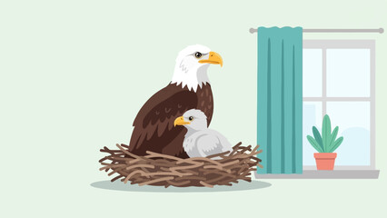 An eagle and its chick in a nest by a window with a plant