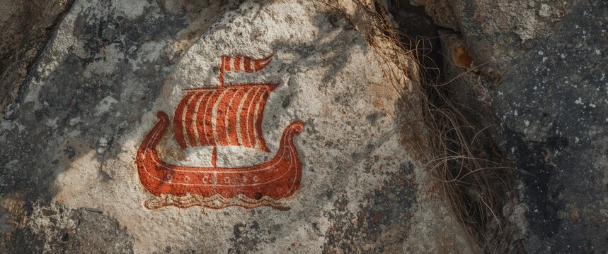 Detailed image of a red Vikings ship engraved on stone from the Bronze Age