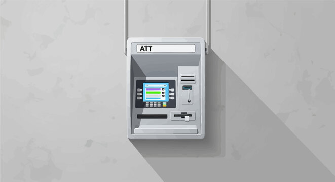 An ATM machine, silver, mounted on a textured gray wall, casting a shadow