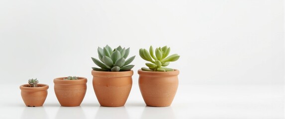 Fototapeta premium Different-sized crassula plants in pots lined up from smallest to largest on a white background
