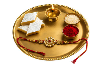 Raksha bandhan thali with rakhi and sweets isolated on transparent background