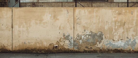Photograph of an old beige wall featuring a fence and cement, highlighting abstract material, grunge texture, cracks, peeling paint, and a retro frame