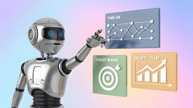 A robot pointing to a timeline, target board, and growth chart on a colorful background