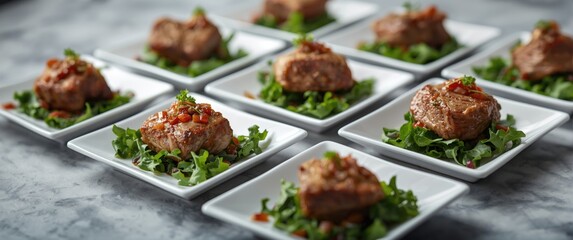 Fototapeta premium Artistic arrangement of meat starters on greens served in stylish white square bowls for a sophisticated look