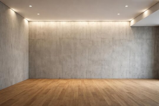 Spacious room with raw concrete wall wooden plank floor and ceiling illumination mockup