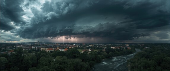 Naklejka premium Strong wind and heavy storm clouds over the town