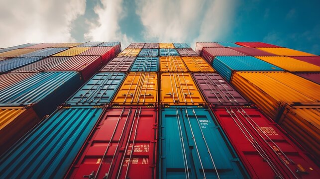 Global Trade Logistics: A vibrant tower of shipping containers, a visual symphony of colors, stacked high against a dynamic cloudy sky, conveying global trade and supply chain.