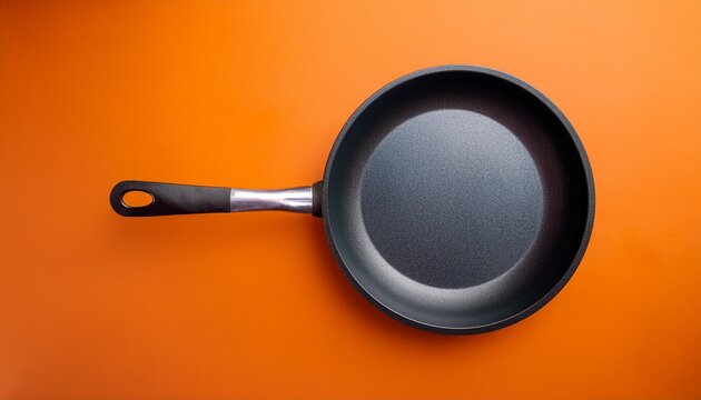 top view of a non stick frying pan on orange background kitchenware