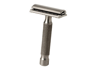 Stainless steel safety razor angled view isolated on transparent background