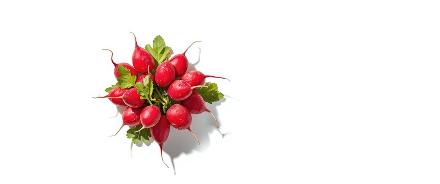 Isolated small garden radish against white background, including food, leaf, and green garden details