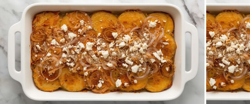 Layered potato and pumpkin casserole ready to bake in a white dish, topped with roasted onions, feta cheese crumbs, and whipped cream on marble surface