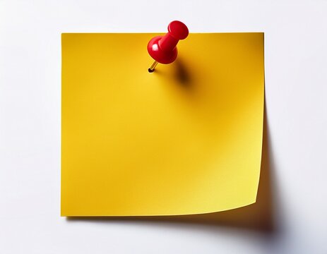 a yellow sticky note with a red pin on it
