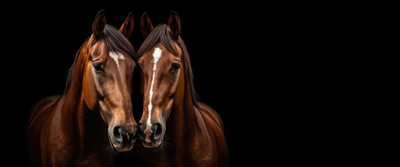 Fototapeta premium Two Horses in Close-Up Against Black Background