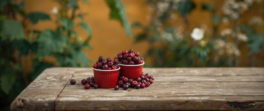 Red cups filled with fresh cornel berries on a wooden surface