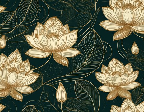 gold outline lotus flowers and leaves on dark green background seamless pattern floral