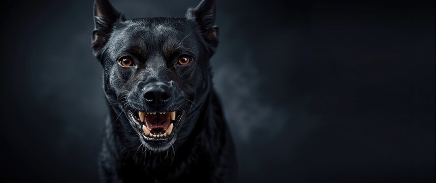 Growling black dog in action