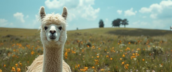 Obraz premium Portrait of a cute alpaca with a smile in a meadow setting